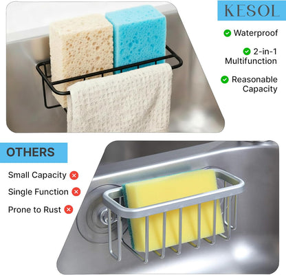 KESOL Adhesive Kitchen Sink Sponge Holder + Dish Cloth Hanger + Soap Holder, 2-in-1 Kitchen Sink Caddy, 304 Stainless Steel Rust Proof, Water Proof, No Drilling (Silver)