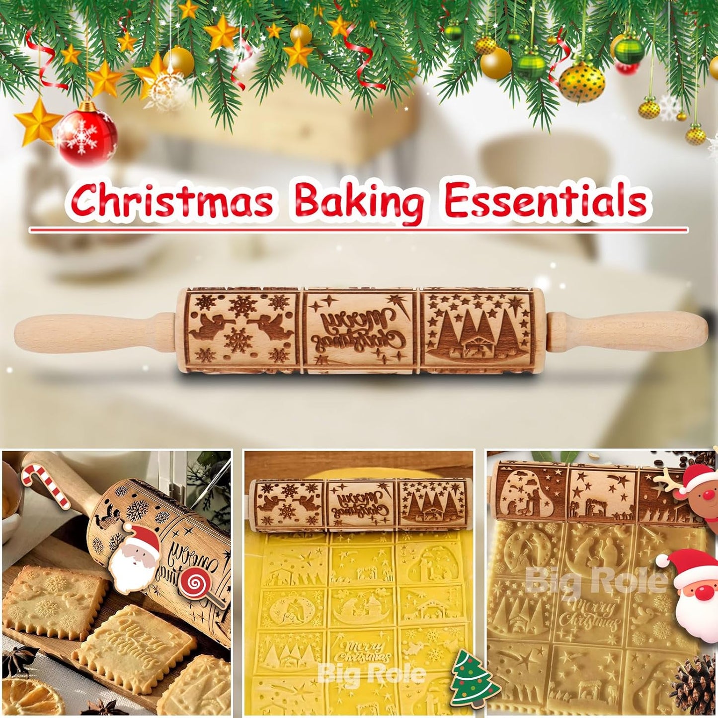 Floral Vine Embossed Rolling Pins for Cookies, Wooden Engraved Rolling Pins for Baking, Embossing Rolling Pins with Designs, Patterned Rolling Pin Decorative Springerle Mold Stamp Clay Pattern Roller