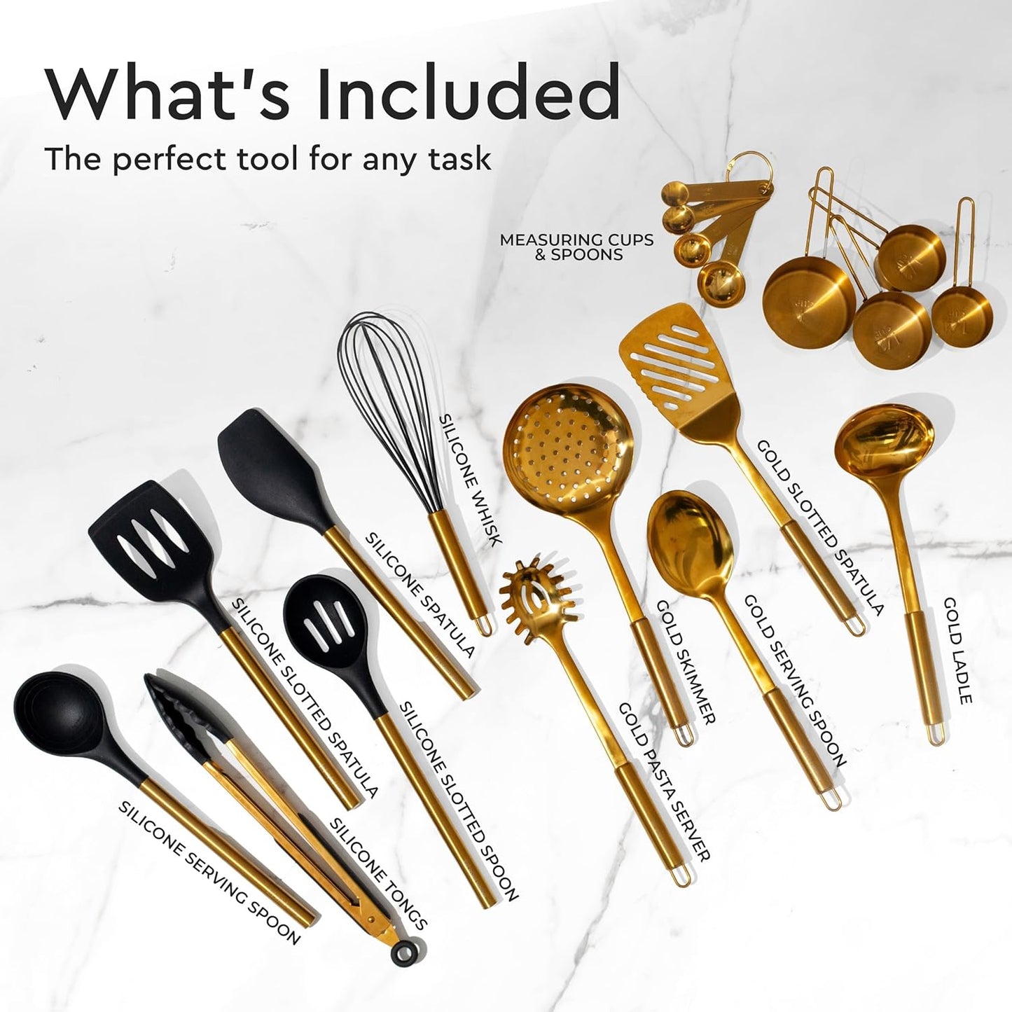 Gold Cooking Utensils with Measuring Cups and Spoons Set - 13-Piece Luxury Gold Kitchen Accessories Includes Metal Measuring Cups and Spoons for Baking, Cooking, and Elegant Kitchen Decor
