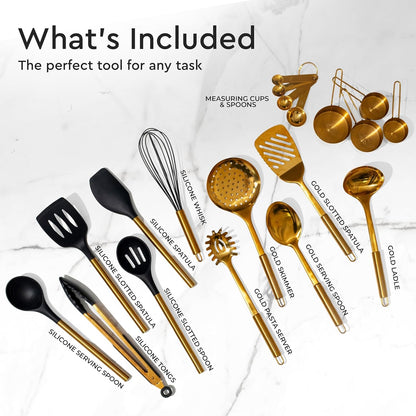 Gold Cooking Utensils with Measuring Cups and Spoons Set - 13-Piece Luxury Gold Kitchen Accessories Includes Metal Measuring Cups and Spoons for Baking, Cooking, and Elegant Kitchen Decor