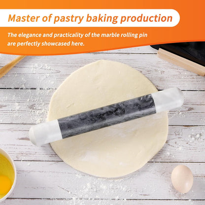 Tianman French Marble Rolling Pin.12 Inchs Marble Rolling Pin for Baking With Wooden Base Holder Stand-Non-Stick Baking Roller for Baking Fondant, Pizza,Cookies,Crust,Pasta(White-Black-White)