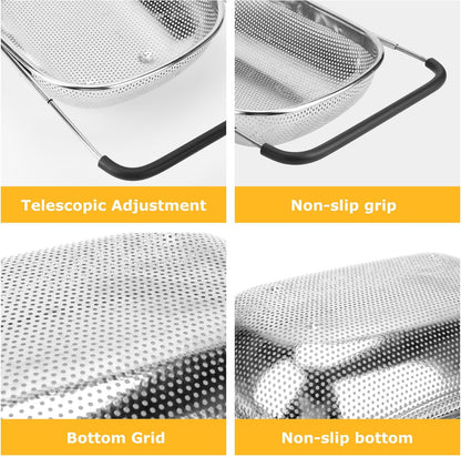 ZDRongZhen Kitchen Accessories Over the Sink Colander Strainer Basket，Stainless Steel Colander with Expandable Rubber Grip Sink Drainer-Rinse Vegetables Fruits &Strain&Drain (Medium-grid)
