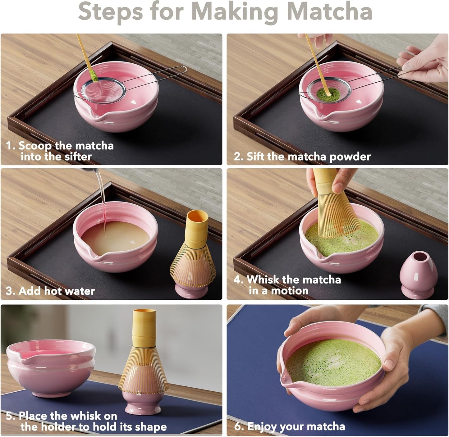 Matcha Whisk Set, Perfect Matcha Kit for Matcha Lovers Includes Ceramic Bowl, Bamboo Whisk, Holder, Scoop, Sifter & Cloth - 7 Pcs Matcha Kit