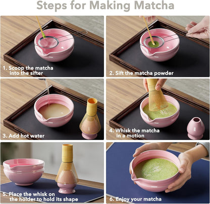 Matcha Whisk Set, Perfect Matcha Kit for Matcha Lovers Includes Ceramic Bowl, Bamboo Whisk, Holder, Scoop, Sifter & Cloth - 7 Pcs Matcha Kit