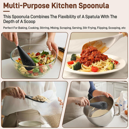 3 PACK Cooking Spatula Spoon for Nonstick Cookware, Multifunction Spoonula Great for Cooking, Serving, Baking, Mixing, Stirring, Scoop, Scrape - Sturdy BPA-Free Heat Resistant Silicone & Wood Handle