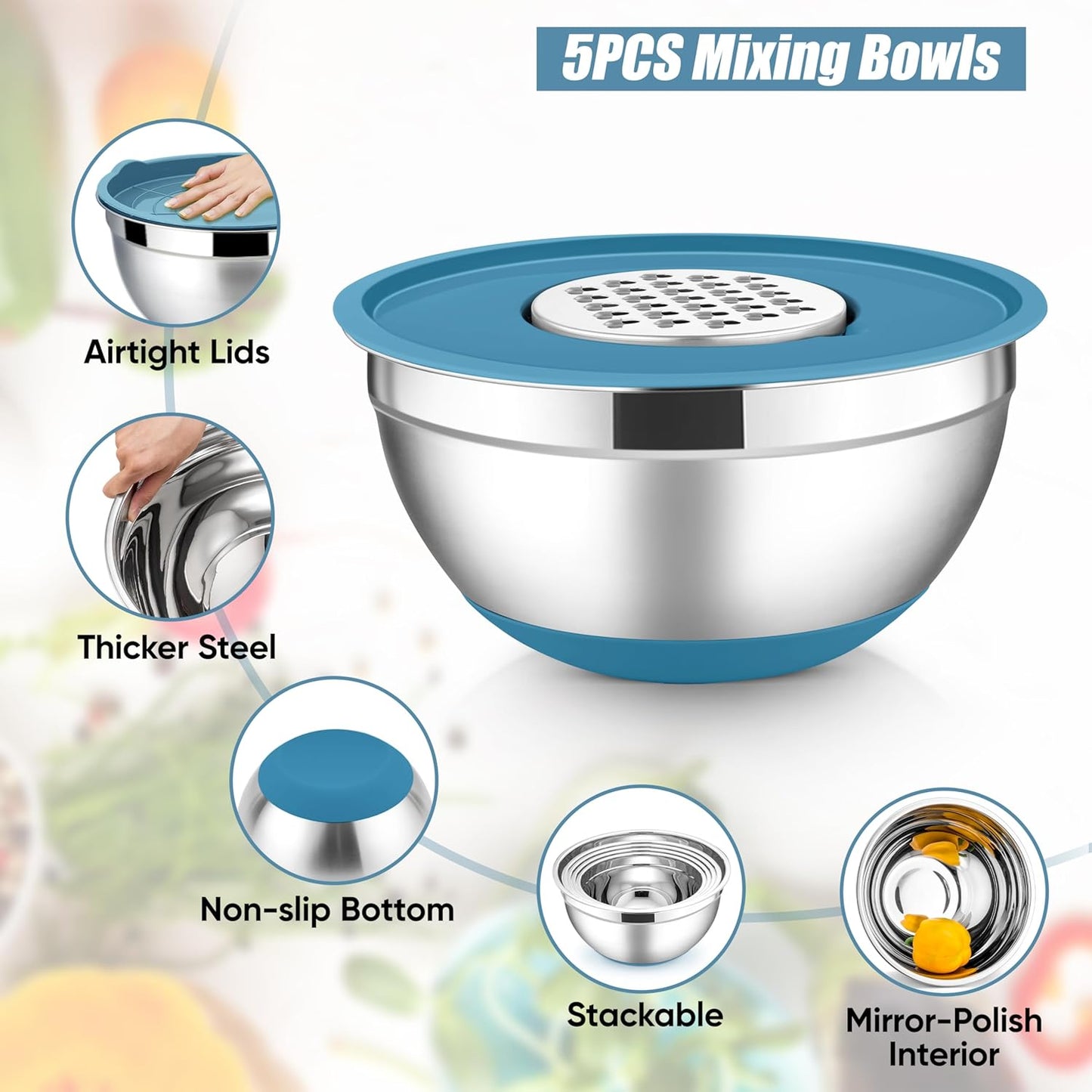 E-far Stainless Steel Mixing Bowls with Lids Set, 5-Piece Nesting Salad Bowls with 3 Grater Attachments and Non-Slip Bottoms, Size 4.6, 2.6, 2, 1.5, 1QT for Kitchen (Black)