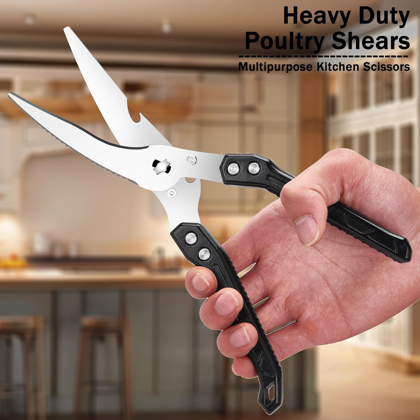 Heavy Duty Kitchen Poultry Shears - Professional Food Scissors for Spatchcocking Chicken, Cutting Raw Meat & Poultry Bones, Thick Steel Blades, Spring-Loaded, Dishwasher Safe Black