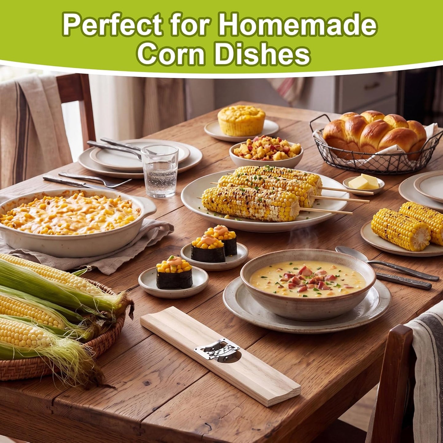 Wood Corn Cutter and Creamer, 16 Inch Adjustable Stainless Steel Corn Cob Tool, Easy to Use for Home Kitchen & BBQ