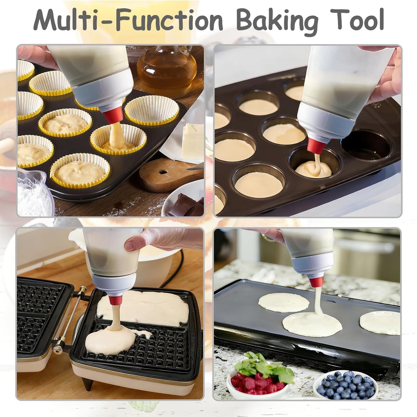 Pancake Batter Dispenser with Wire Whisk, BlenderBall, Silicone Spatula and Brush, Cleaning Brush, 1000 ML Large Capacity Leak-Proof Design for Pancakes Waffles Muffins and Crepes