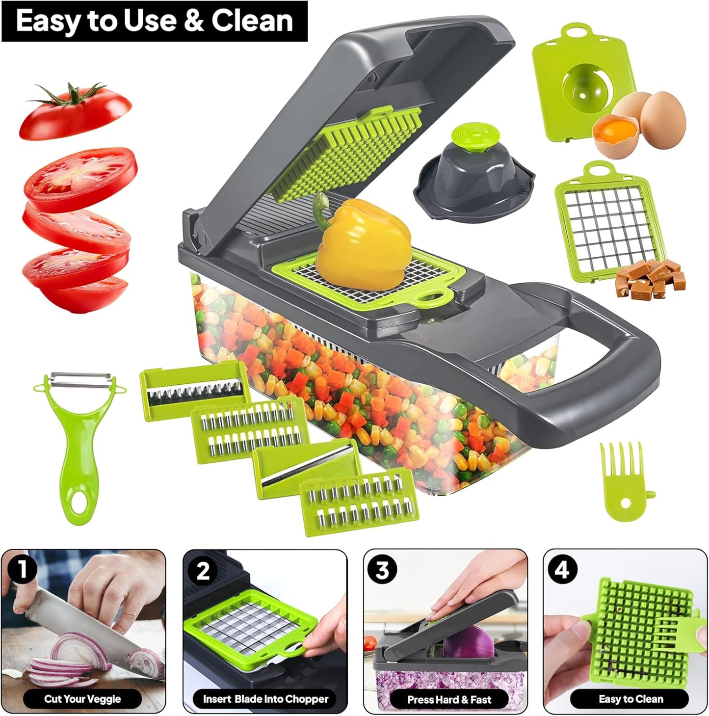 Pro-Series 16-in-1 Vegetable Chopper & Food Chopper with Container - Multi-Blade Cutter, ABS Mandoline Slicer, Fruit Slicer, Onion Chopper, Dicer, Grater, Kitchen Gadgets & Accessories
