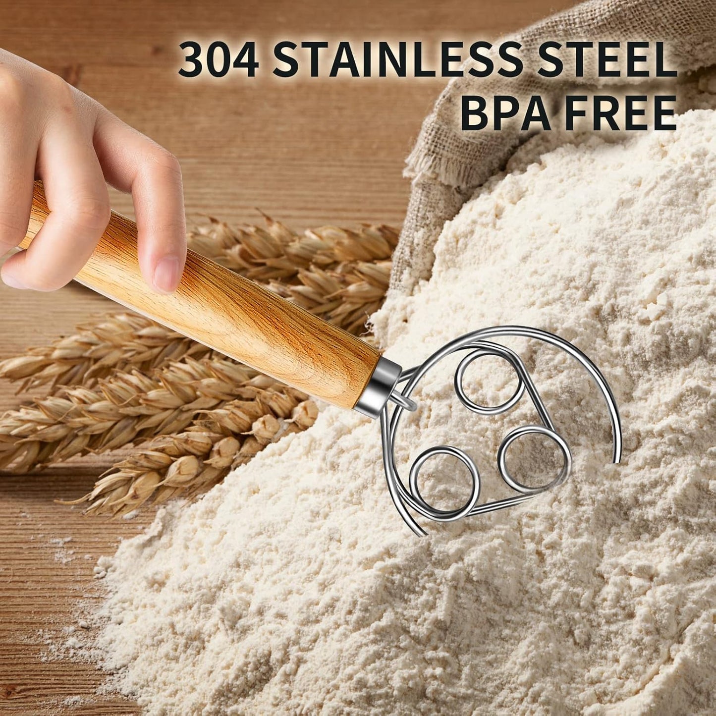 TEEVEA Danish Dough Whisk Stainless Steel for Sourdough Pizza and Bread Baking