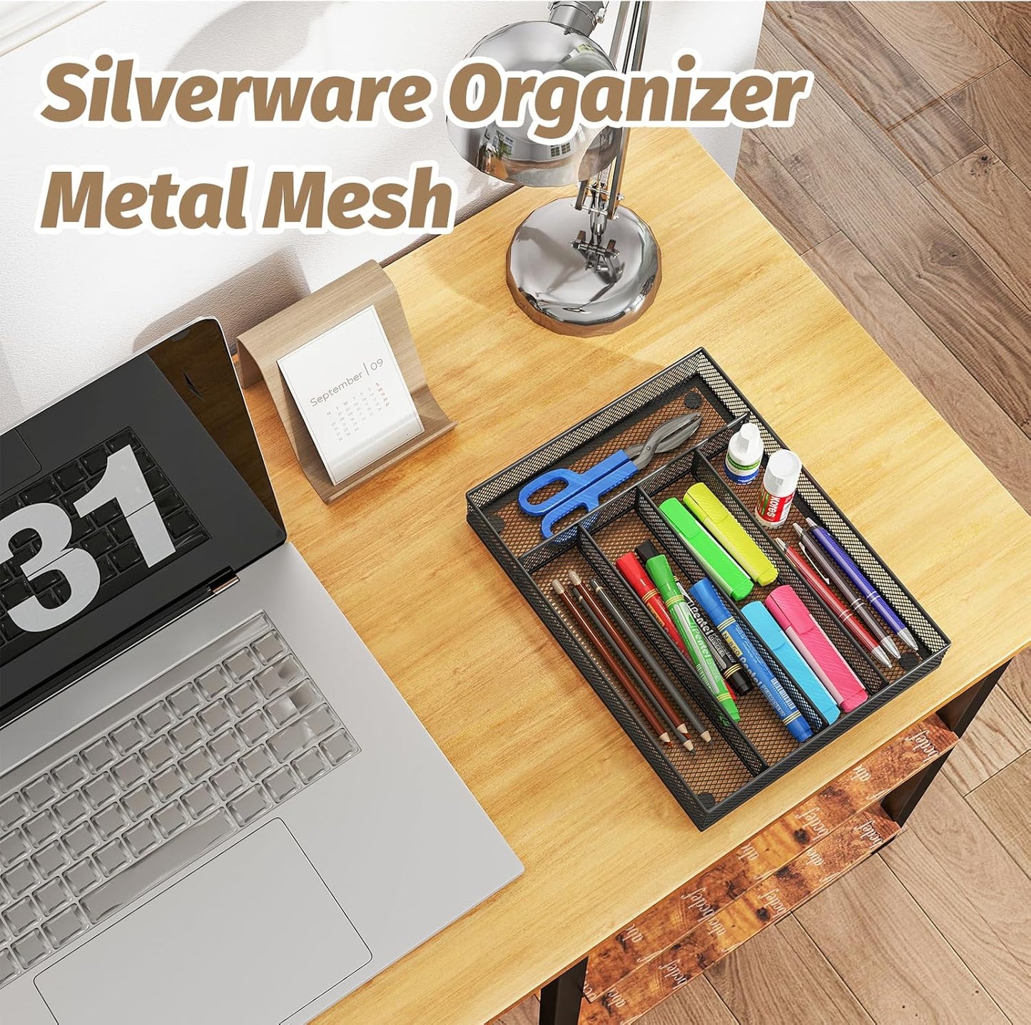 Sedegn Silverware Organizer Metal Mesh, Large Drawer Organizer, Utensil Cutlery Tray for kitchen drawers, Flatware Organizer with 6 Compartment, Black (11.3”*16“)