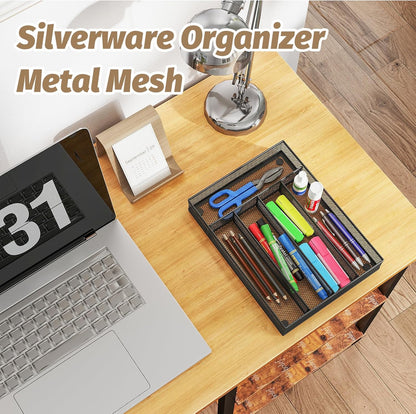 Sedegn Silverware Organizer Metal Mesh, Large Drawer Organizer, Utensil Cutlery Tray for kitchen drawers, Flatware Organizer with 6 Compartment, Black (11.3”*16“)