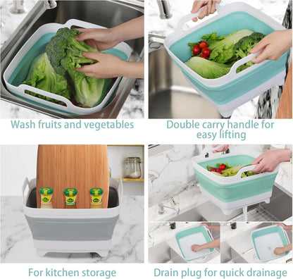 Tiawudi Dishpan for Washing Dishes, 2.4Gal/9L Wash Basin with Draining Plug Carry Handles, Collapsible Bucket for Cleaning, Portable Sink, Foldable Plastic Tub, 1PC