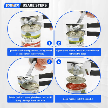 Anti-slip Stainless Steel Hand-cranked Can Opener, Manual Heavy-duty with Sharp Blade and Smooth Edge Cutting, Comfortable Extra-long Handle and Large Knob, Easy-to-Use Large Handheld Can Opener