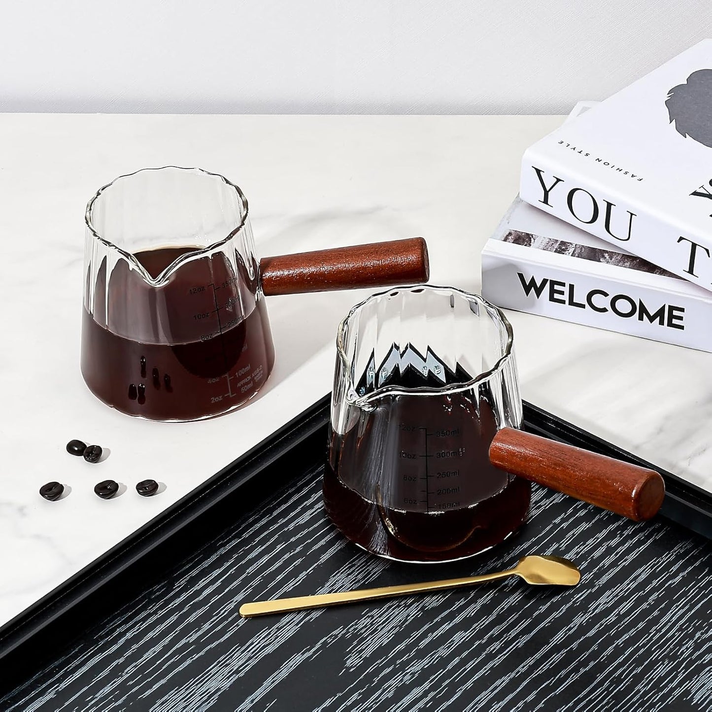 Glass Measuring Cup, 12oz Pour Over Coffee Maker with Wood Handle, Creative V-Shaped Spout Creamer Milk Frothing Pitcher Coffee Carafe Server (2-Gray)