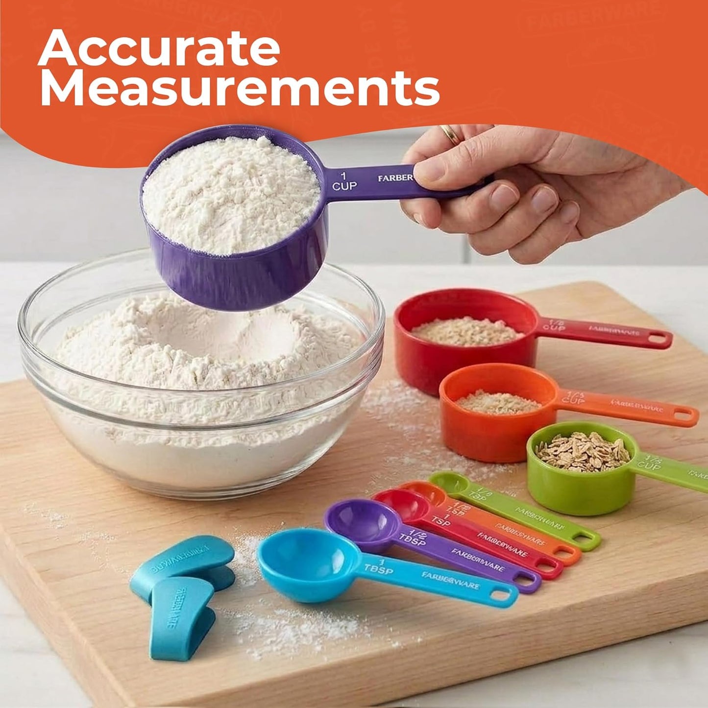 FARBERWARE 5-Piece Measuring Cup Set with Coffee Scoop, Durable Plastic Nesting Measuring Cups with Easy-Read Markings, BPA-Free, Dishwasher Safe