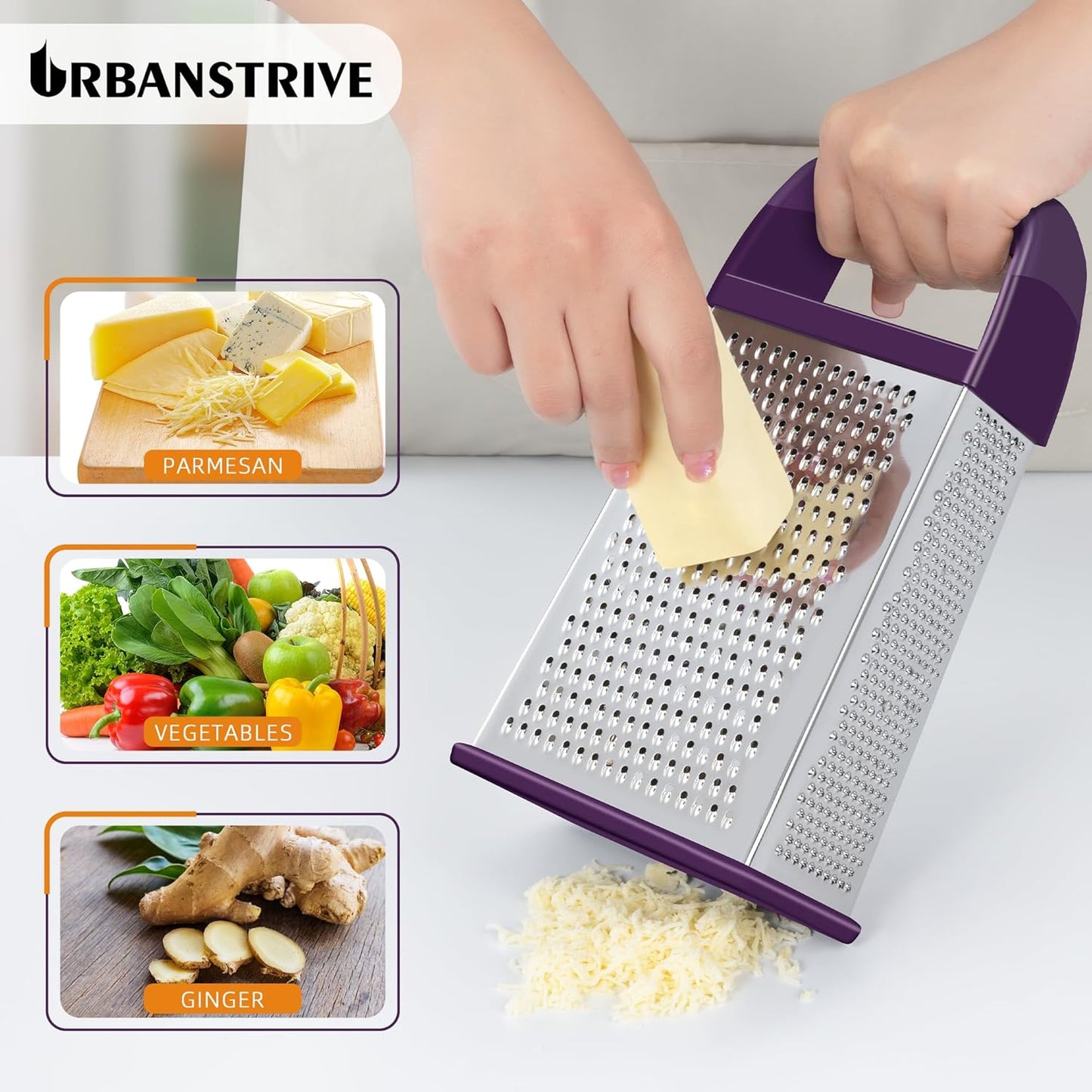 Urbanstrive Cheese Grater With Container, Professional Cheese Grater with Handle, Stainless Steel Graters for Kitchen Handheld, Box Grater with 4 Sides for Vegetables, Ginger, Potatoes (Blue)