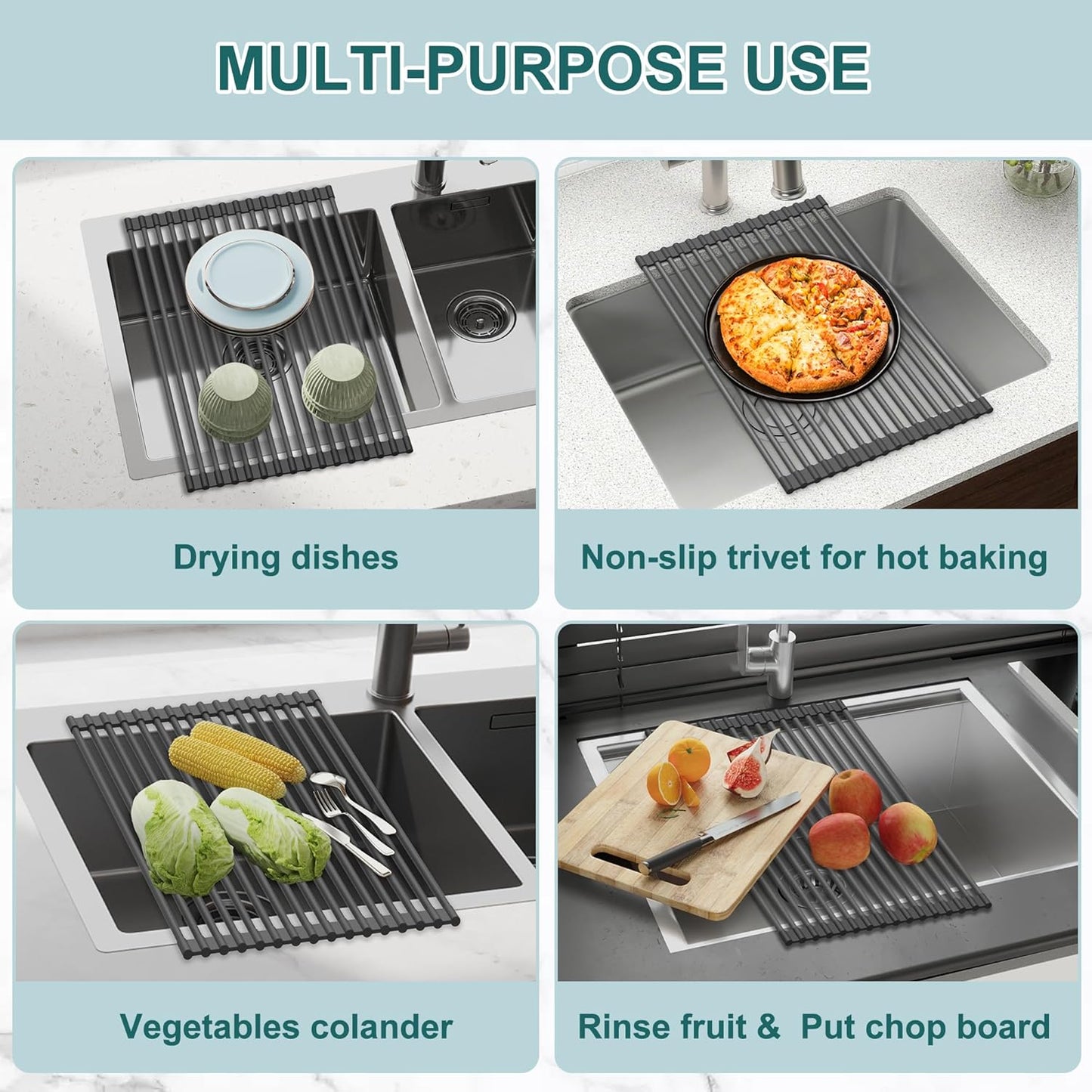 Roll Up Dish Drying Rack, Silicone Wrapped Over The Sink Multipurpose Foldable Dish Drainer Anti-Slip Dish Racks for Kitchen Counter, Sink Drying Rack Cover with Utensil Holder (Black, 17.3" x 17.6")