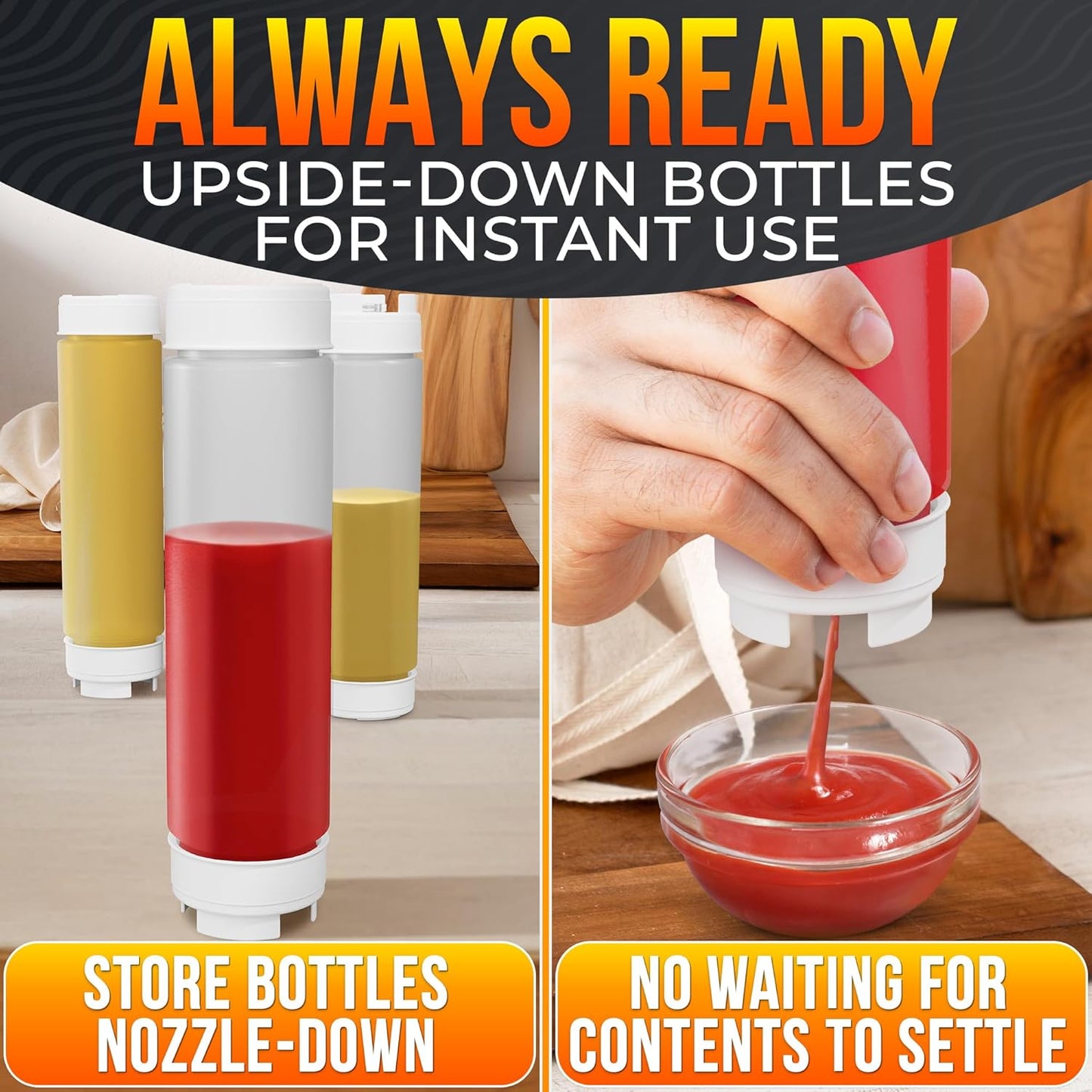 Set of 6 Inverted Condiment Squeeze Bottles 16 oz – Upgraded Design with Added Sealing Gaskets, Self-Closing Valve, Easy-to-Fill Clear Bottles for Sauces, Dressings, Ketchup, Mustard for Everyday Use