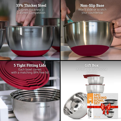 Priority Chef Premium Mixing Bowls With Lids Set, Airtight Lids, Thicker Stainless Steel, Non-Slip Base, 5 Nesting Steel Bowls for Kitchen, Large Prep Metal Bowl Set 1.5/2/3/4/5 Qt, Black
