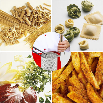 Stainless Steel Pasta Strainer, 2pcs Micro-Perforated Food Dumpling Noodle Strainer with Wood Handle Straining Noodles Pasta Baskets