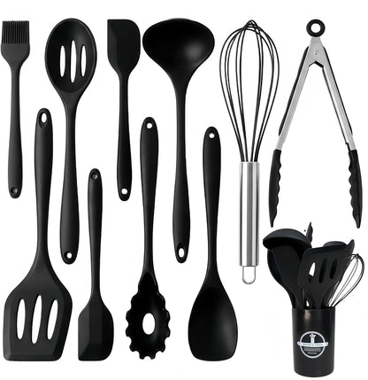 Silicone Kitchen Utensils Set,10 PCS Cooking Kitchen Utensils Set, Nonstick Kitchen Utensils 446°F Heat-Resistant Cookware Kitchen Tools of Spoon,Brush,Whisk,Spatula,Turner Tongs(Black)