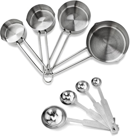 New Star Foodservice 42917 Stainless Steel Measuring Cups and Spoons Set, 8-Piece Metal Measuring Set for Baking, Cooking, Dry and Liquid Ingredients, Restaurant Grade, Silver