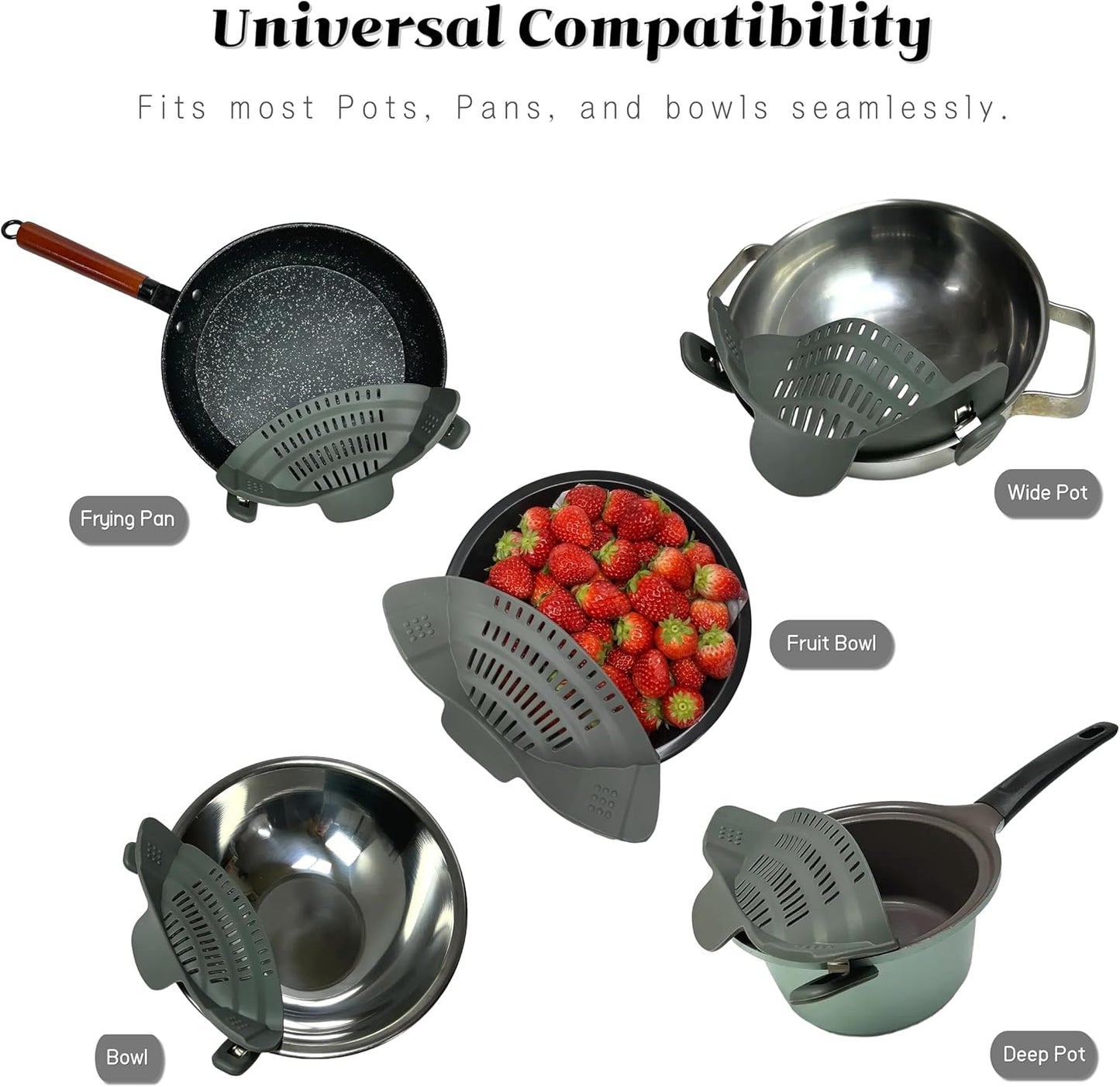 Clip-On Flexible Silicone Strainer for All Pots and Pans, Heat Resistant Colander for Vegetables and Fruit and Noodles and Pasta, Multi Use Kitchen Gadgets for Cooking, Space-Saving Design(Gray)