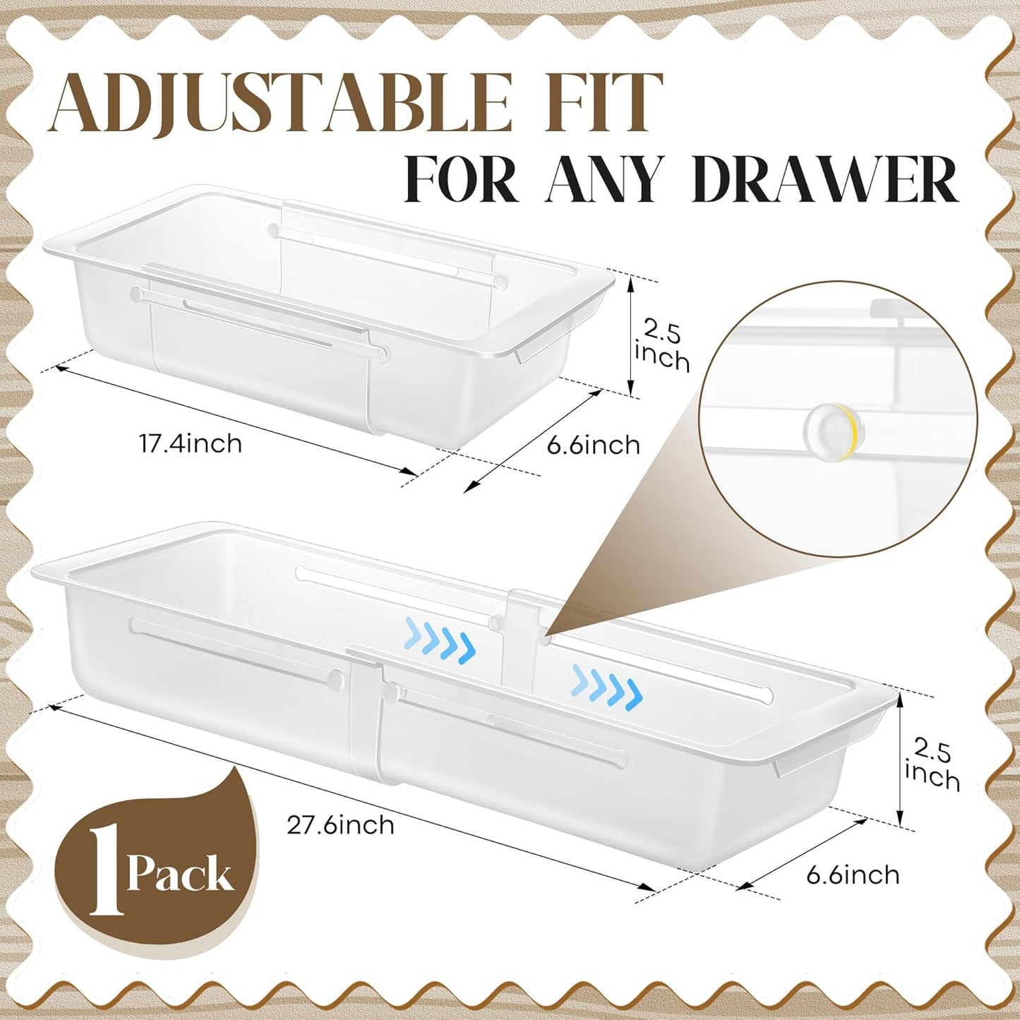 2 Pack Deep Drawer Organizer Bins, Adjustable Sliding Drawer Organizer Bin Expandable Tray for Kitchen Utensils, BBQ Tools, Towels, Durable Plastic Sliding for Easy Storage (12.4" to 18”)