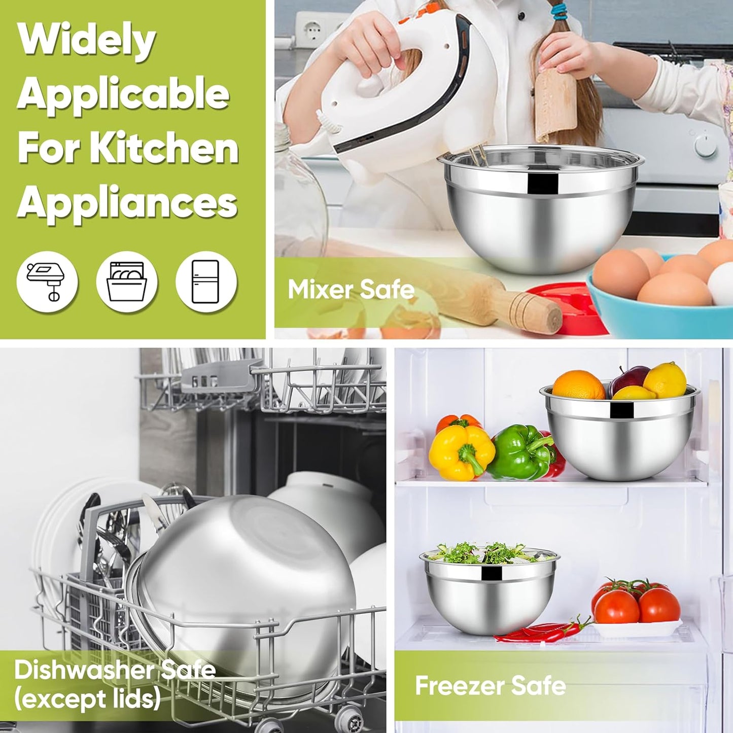 TeamFar Mixing Bowls with Lids, 5-Piece Stainless Steel Metal Nesting Salad Bowl for Mixing Prepping, Healthy & Heavy Duty, Airtight Lids & Dishwasher Safe, 4.5/3/1.5/1/0.7 QT-Khaki