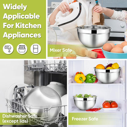 TeamFar Mixing Bowls with Lids, 5-Piece Stainless Steel Metal Nesting Salad Bowl for Mixing Prepping, Healthy & Heavy Duty, Airtight Lids & Dishwasher Safe, 4.5/3/1.5/1/0.7 QT-Khaki