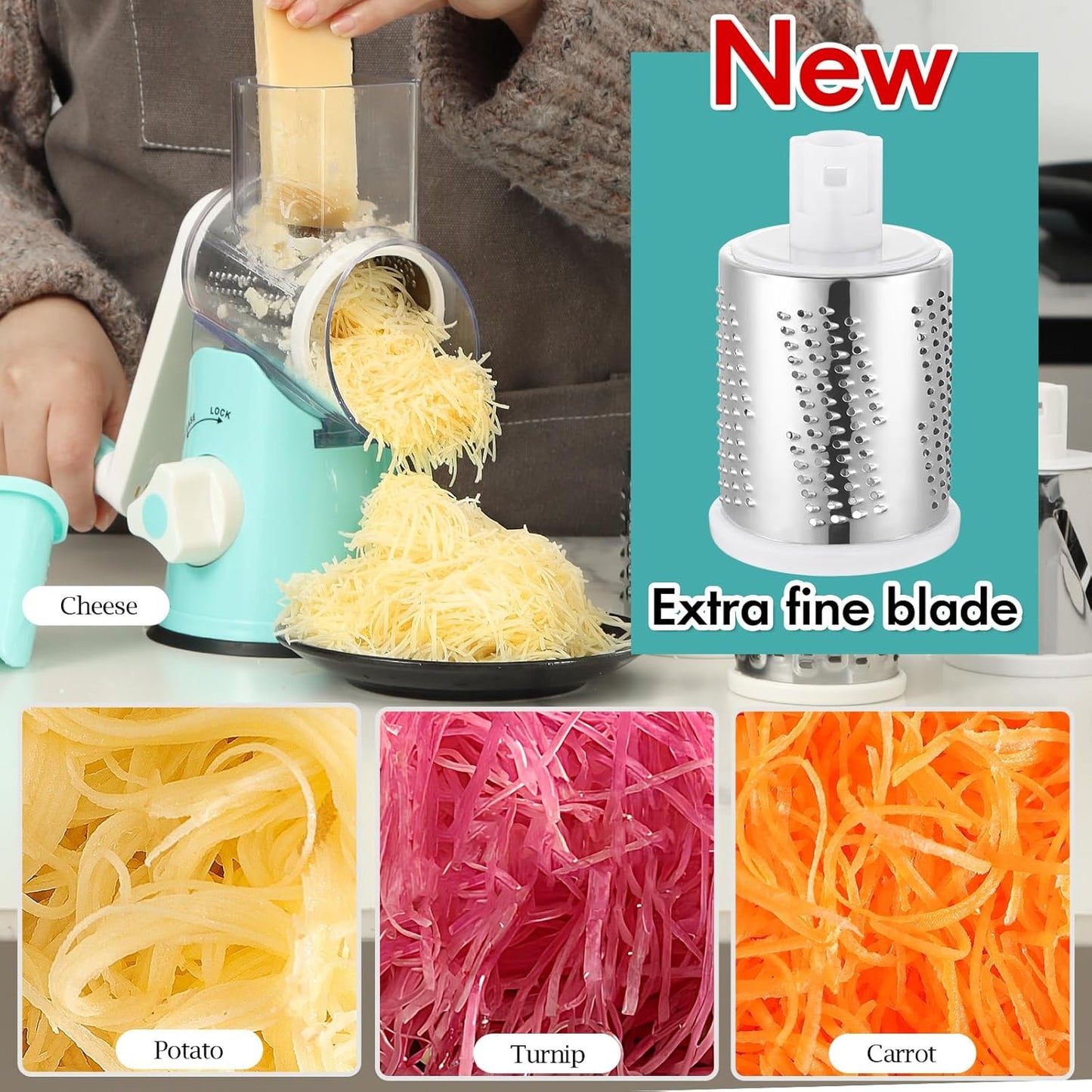 Ourokhome Rotary Cheese Grater Hand Crank, Kitchen Shredder Speed Mandolin Slicer Nut Grinder with Handle and Drum Blades for Cheese, Vegetable, Walnut, Chocolate, Potato, Carrot, 3 Blades, Dark Blue