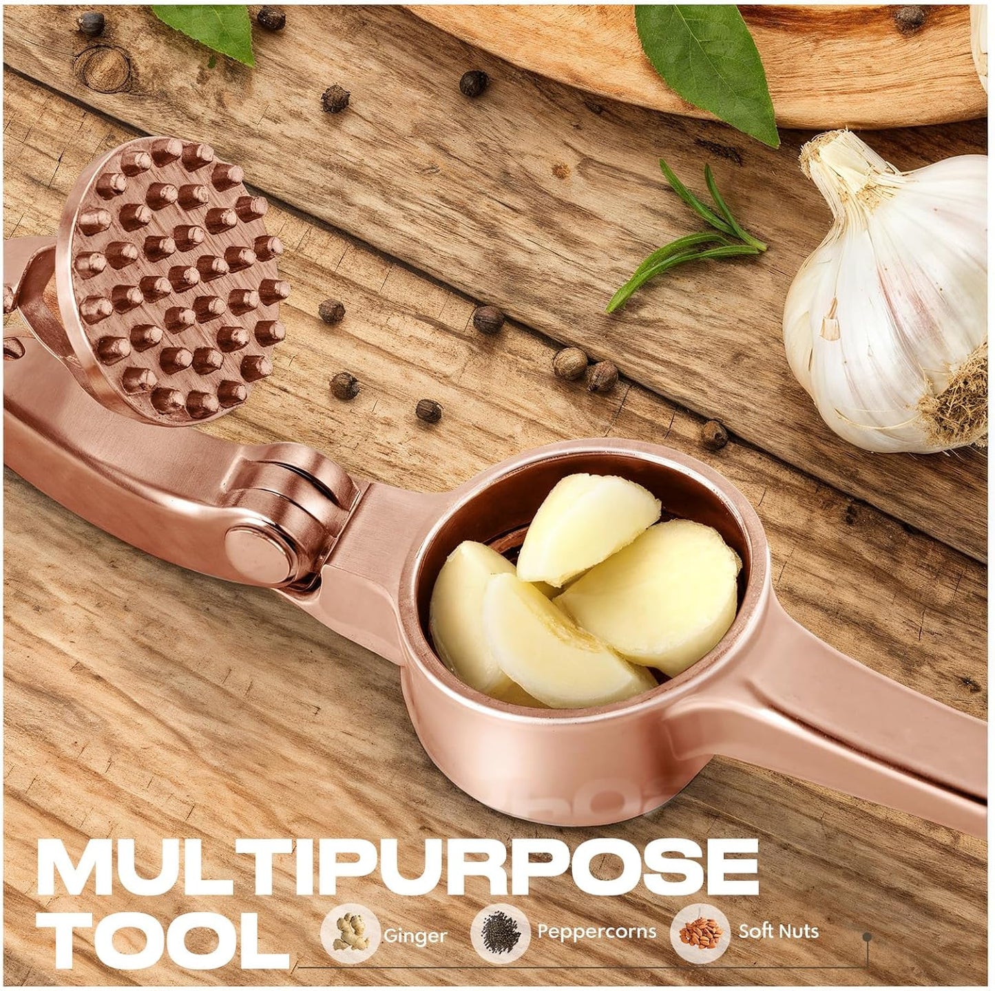 Kitchen Garlic Press, Rust Proof & Dishwasher Safe Garlic Mincer, Durable Garlic Crusher Set with Peeler＆Brush, Easy to Clean and Squeeze, Matte