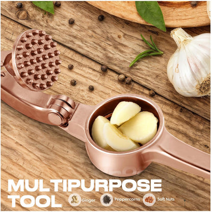 Kitchen Garlic Press, Rust Proof & Dishwasher Safe Garlic Mincer, Durable Garlic Crusher Set with Peeler＆Brush, Easy to Clean and Squeeze, Matte