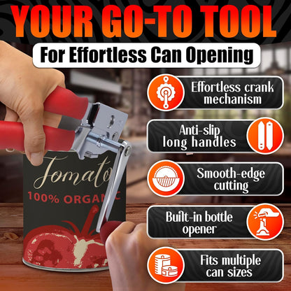 Heavy Duty Commercial Can Opener – Stainless Steel Can Opener for Large & Small Cans, Manual 360° Smooth Crank with Ergonomic Long Handles, Non-Slip Grip, 2-in-1 Bottle Opener for Restaurants & Home