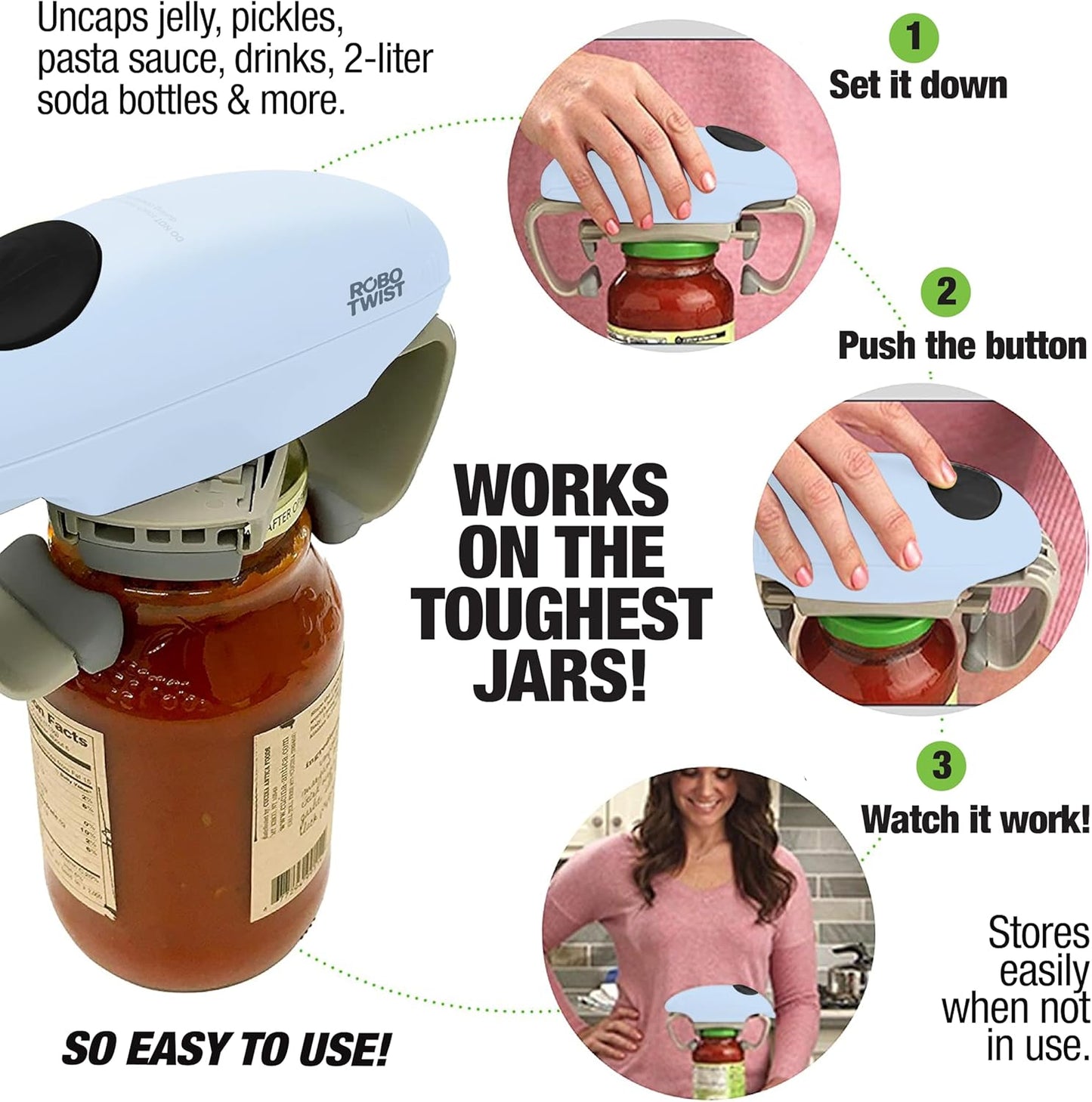 Robotwist Higher Torque Electric Jar Opener for Weak Hands, Automatic Lid Opener for Seniors with Arthritis, One Touch Battery Operated, Hands-Free, Fits 1.2-3.5" Jars, Deluxe Model, Sage Green