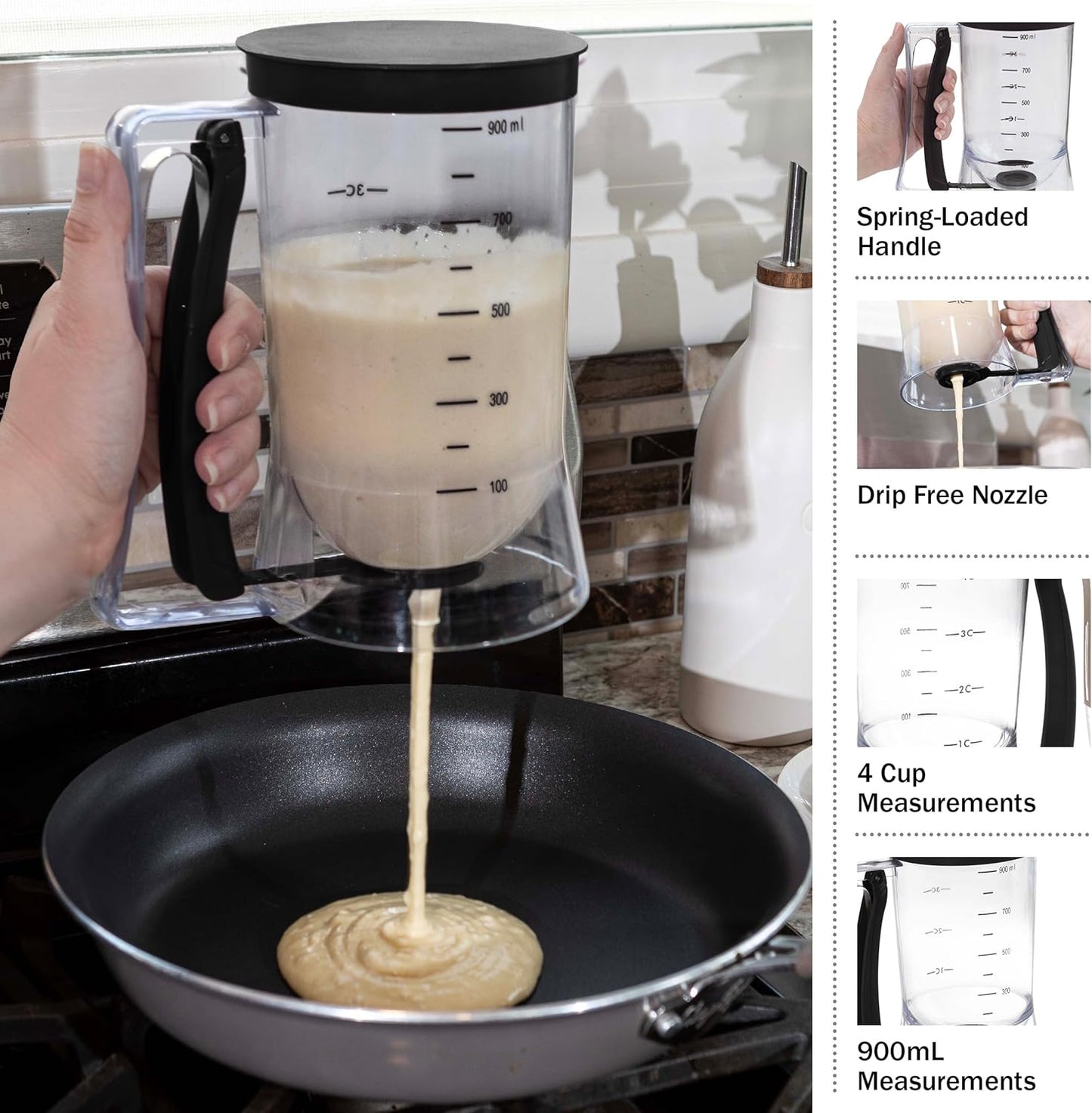 Pancake Batter Dispenser - 4-Cup Batter Dispenser with Squeeze Handle for Pancakes, Waffles, Muffins, and Crepes - Baking Tools (Purple)