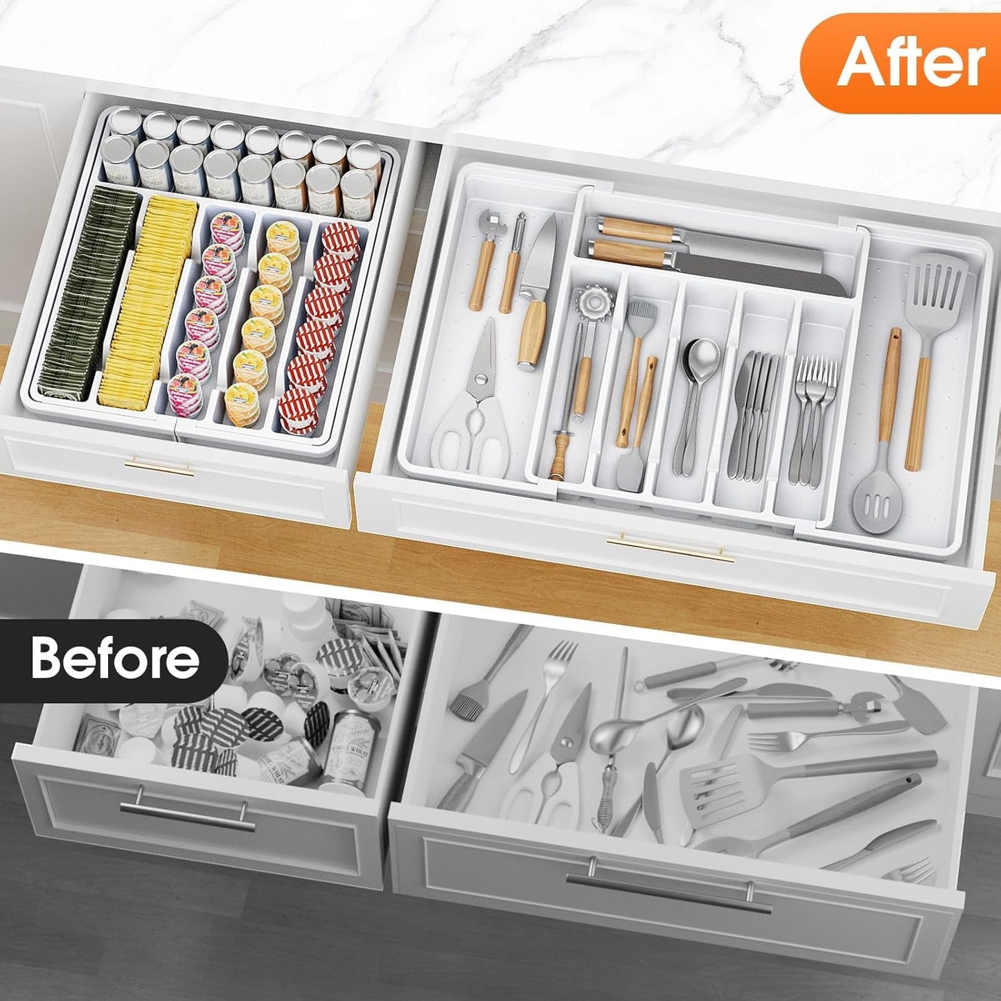 SpaceHacks Silverware Organizer，Adjustable & Expandable Utensil Drawer Organizer, BPA Free Utensil Holder, Cutlery Tray for Forks, Spoons, Knives in Kitchen, Medium, Black