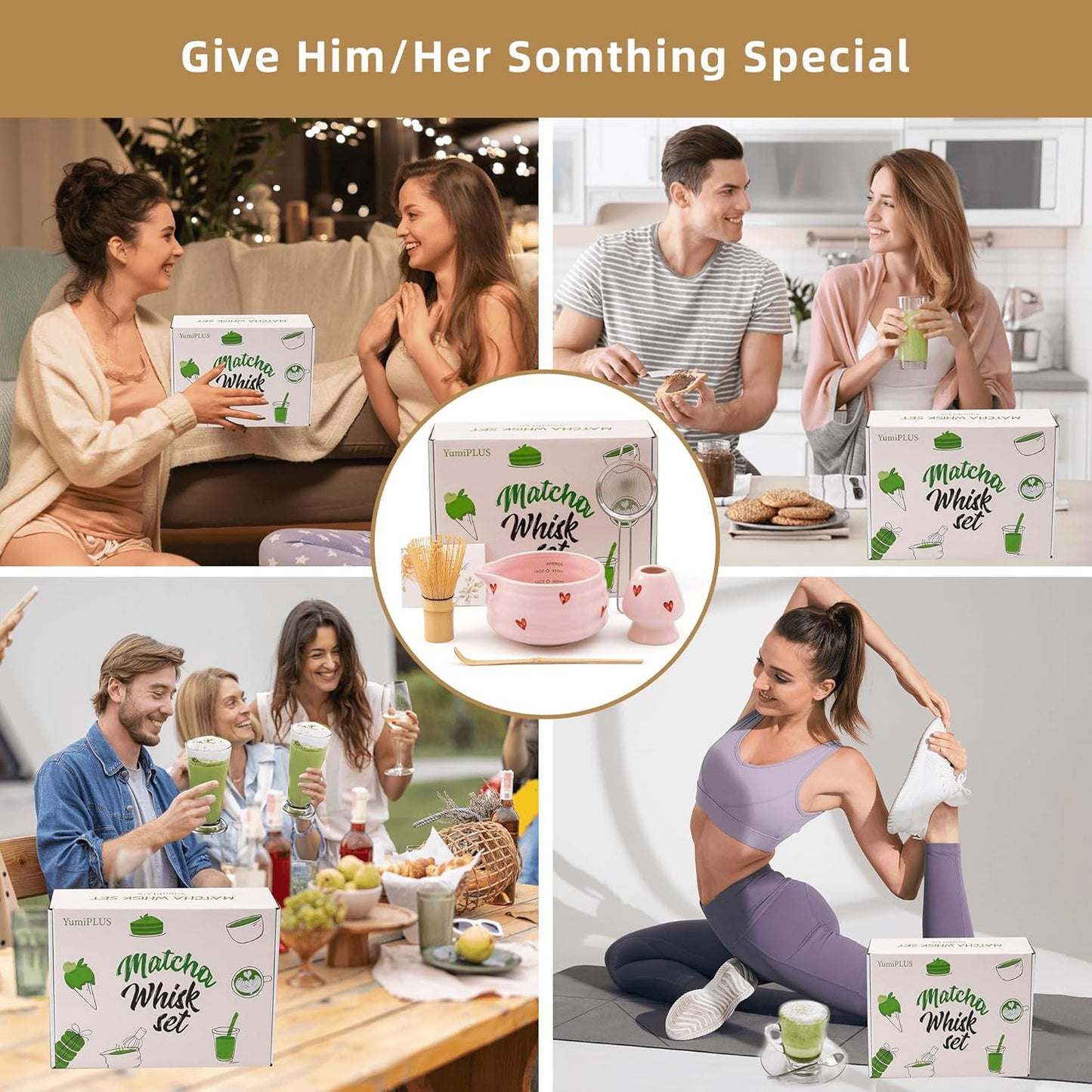 5pcs Premium Matcha Set,Ceramic Bowl with Spout and Bamboo Whisk set, Ceremonical Matcha Kit for breakfast/latte,Tea Starter Making Kit,Unique Matcha Gift set (pink love)