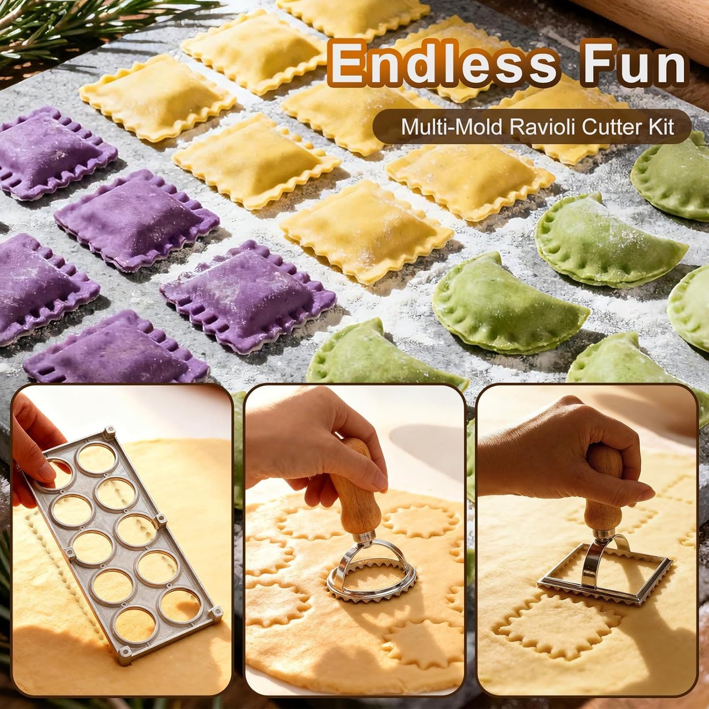 Ravioli Cutter Set - 10 Pieces Ravioli Press Mold, Round & Square Ravioli Stamp, Ravioli Cutter Wheel, Wood Rolling Pin, Pasta Making Kit for Ravioli Mold