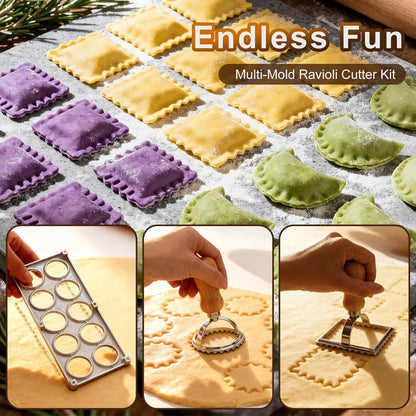 Ravioli Cutter Set - 10 Pieces Ravioli Press Mold, Round & Square Ravioli Stamp, Ravioli Cutter Wheel, Wood Rolling Pin, Pasta Making Kit for Ravioli Mold