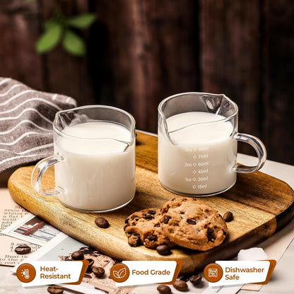 SENTVEND Espresso Cups Set of 2, 4 Oz Espresso Shot Glass with Handle Double Spout Measuring Cups with Scale Clear Glass Milk Cup Coffee Accessories Great for Making Coffee Desserts Salad Dressing