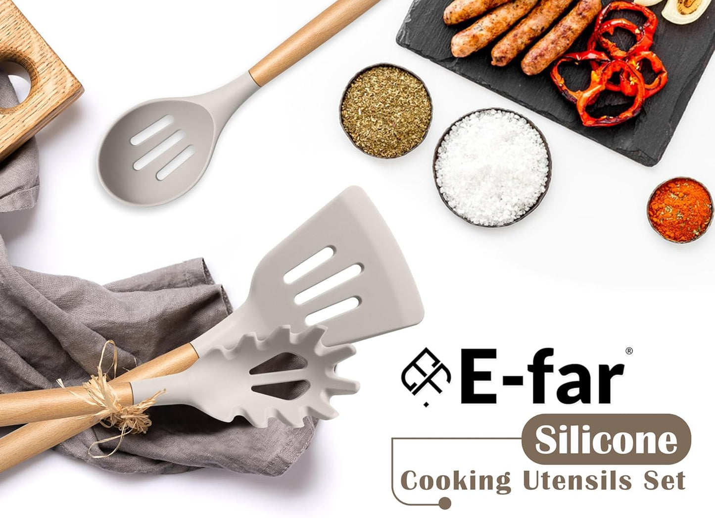 E-far Silicone Cooking Utensils Set, 10-Piece Heat Resistant Kitchen Utensils Set with Wooden Handle for Nonstick Cookware, Kitchen Nonstick Tools Spatula Whisk Tongs Ladle, Non-toxic & Healthy(Khaki)