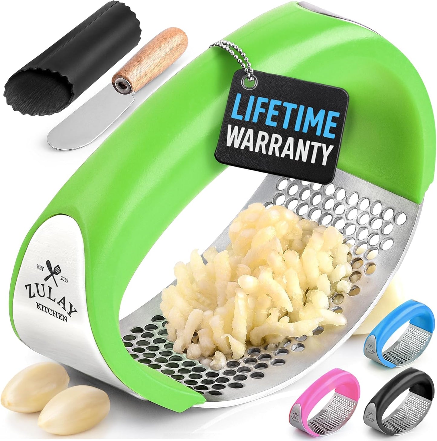 Zulay Kitchen Stainless Steel Garlic Press Rocker Set - Premium Garlic Mincer Garlic Crusher - New Innovative Garlic Crusher with Peeler and Scraper - Comfortable Grip (Black)