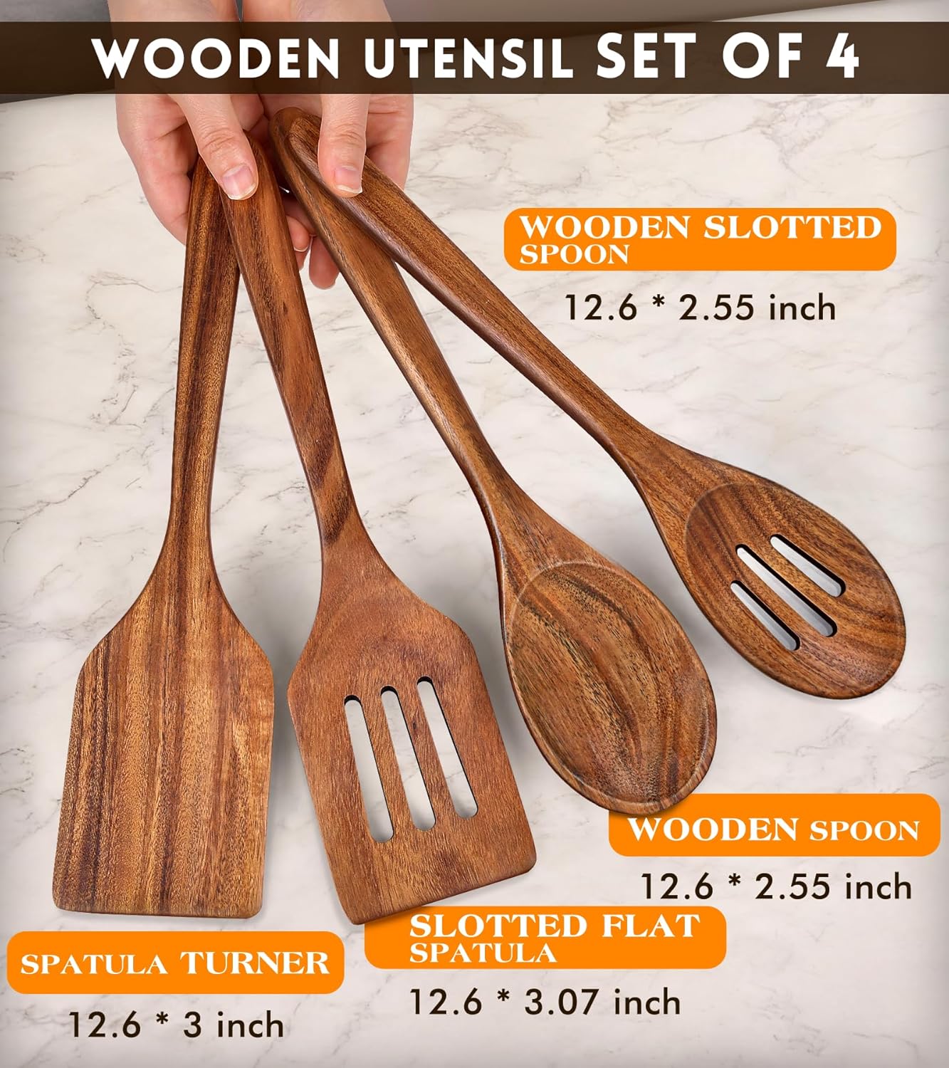 2Pcs Wooden Spatula, Acacia Solid & Slotted Turner Spatula Set, Long Handle Flat Frying Spatulas, Ideal Kitchen Gift for Mother and Grandma, Kitchen Utensils Set for Cooking, Frying, Baking
