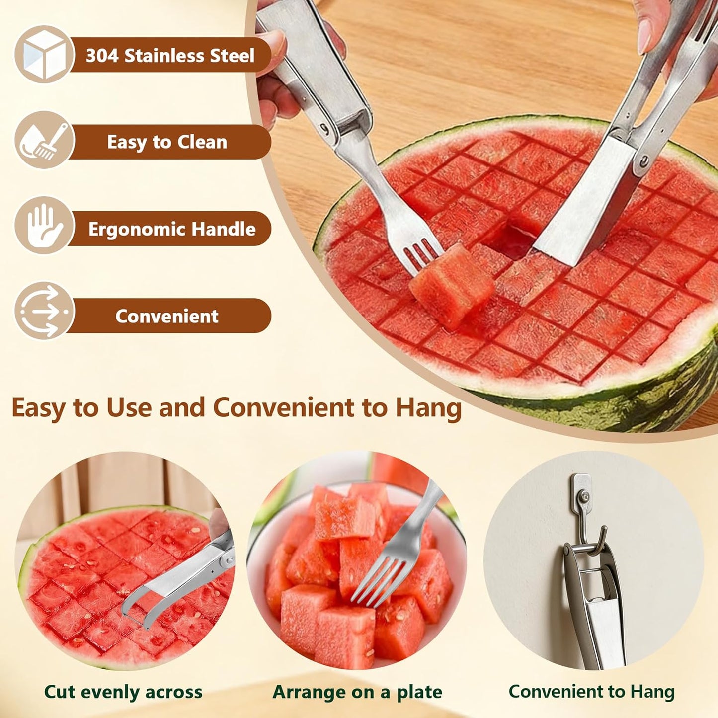 Watermelon Cutter, 2-in-1 Stainless Steel Fruit Cutter, Dual Head Watermelon Fork Slicer Tool, Summer Fruit Cutting Kitchen Gadget for Home (Round-2PCS)