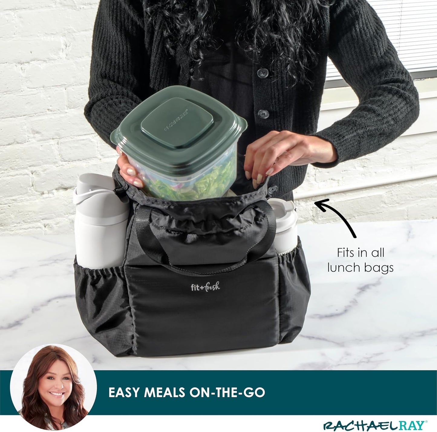 Rachael Ray Salad Container For Lunch, Salad Lunch Container For Adults, Salad Bowl Kit With Compartments For Salad Dressing & Toppings, Includes Ice Pack