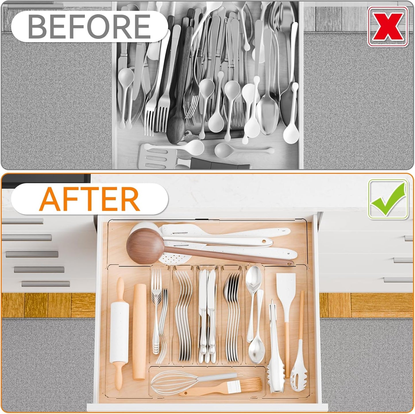 Yieach Acrylic Clear Expandable Kitchen Utensil Drawer Organizer and Silverware Organizer,BPA FREE Adjustable Silverware Tray for Drawer Cutlery,Spatula,Tools,Flatware Organizers,Fork and Spoon Holder