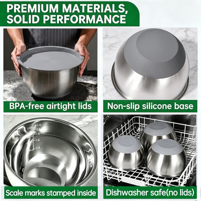 Deedro Premium Mixing Bowls with Airtight Lids Set, 22Pcs Thicker Stainless Steel Mixing Bowl Set, Large Prep Metal Bowls, Non-Slip Silicone Base Nesting Bowls for Kitchen, 1.5/2/3/4/5 QT, Khaki